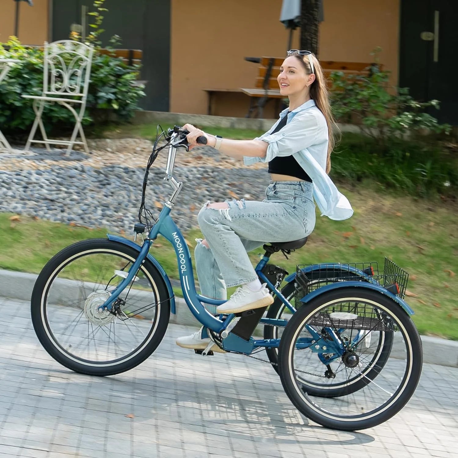 Mooncool 24" 26" 3 Wheel Electric Tricycle for Adults, 350W 36V 7 Speeds Motorized Electric Trike Three Wheel Electric Bikes Bicycle with Large Basket & Accessories for Women Men