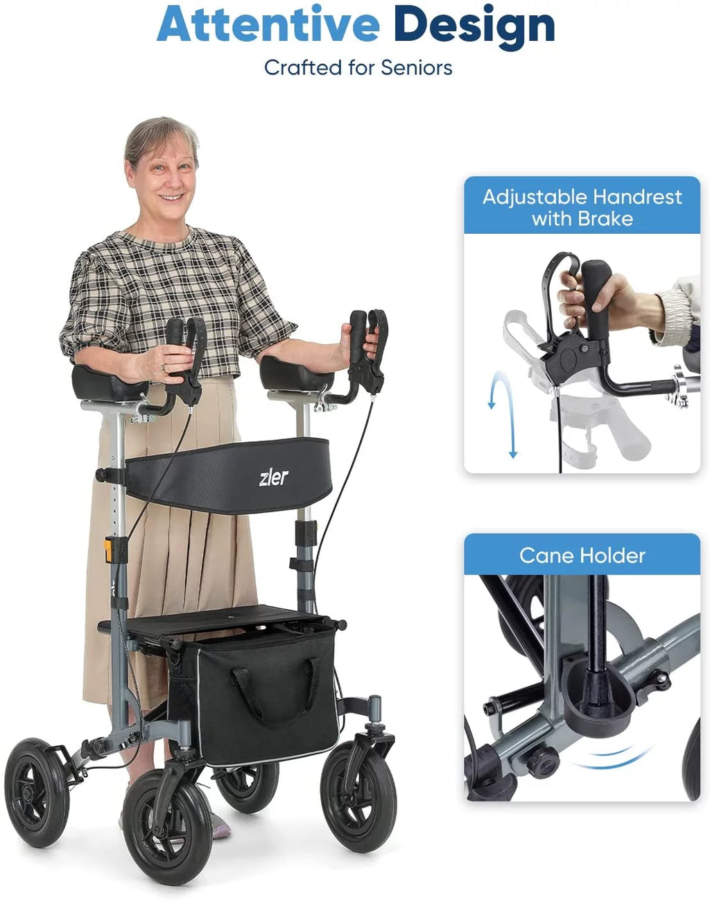 Zler Upright Walker - 300lbs Stand-Up Rollator Walker for Senior with Seat and Armrest, Stand Straight Walker with Arm Support, Rolling Mobility Walking Aid with 10” Wheels for All Terrain