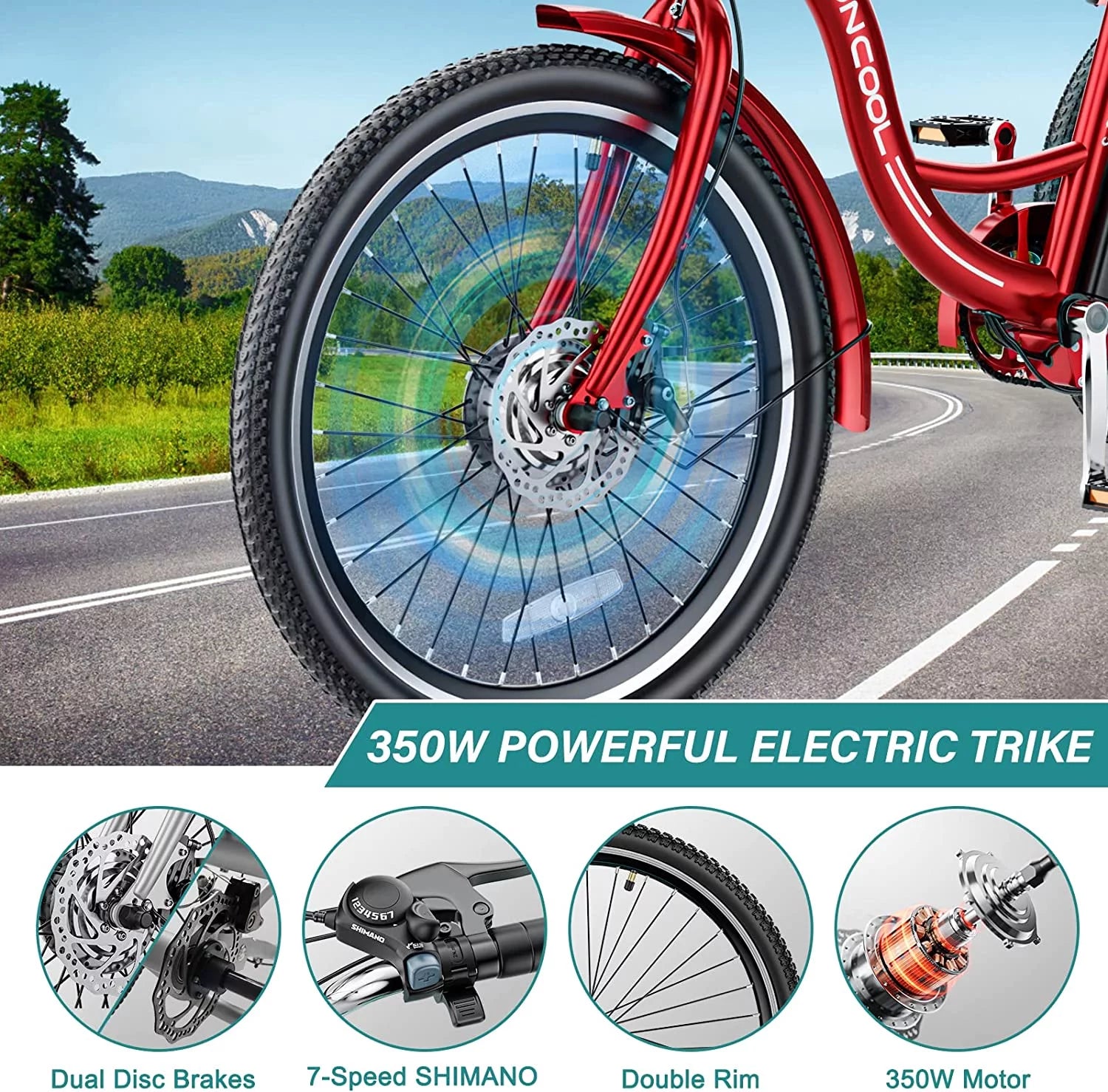 MOONCOOL 24"/26" Electric Tricycle for Adults, 350W 36V 7 Speeds Electric Trike Motorized Three Wheel Electric Bikes Bicycle with Large Basket for Women Men