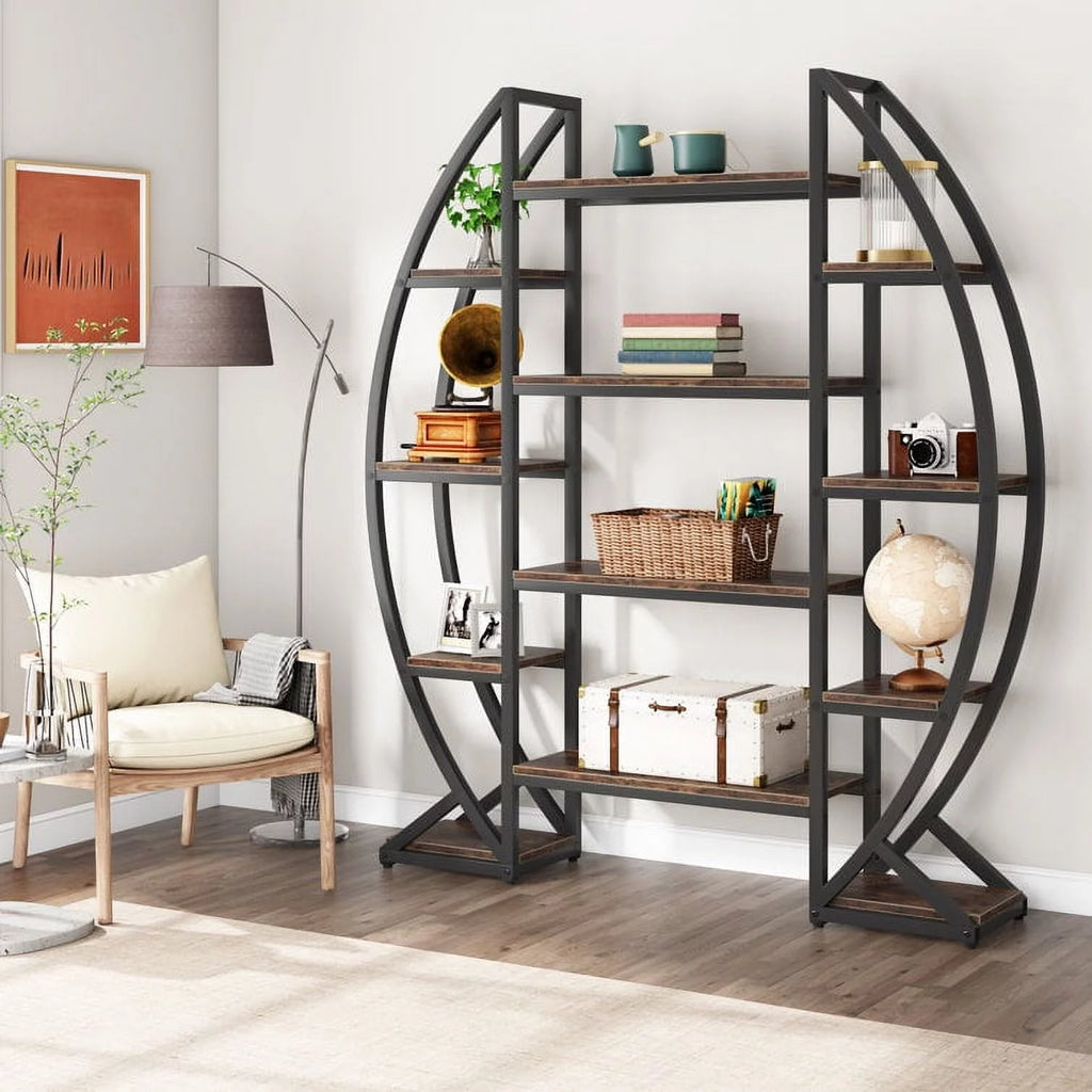 Tribesigns Bookshelf, Oval Triple Wide 5 Tiers Etagere Bookcases, Industrial Display Shelves for Living Room, Rustic Brown