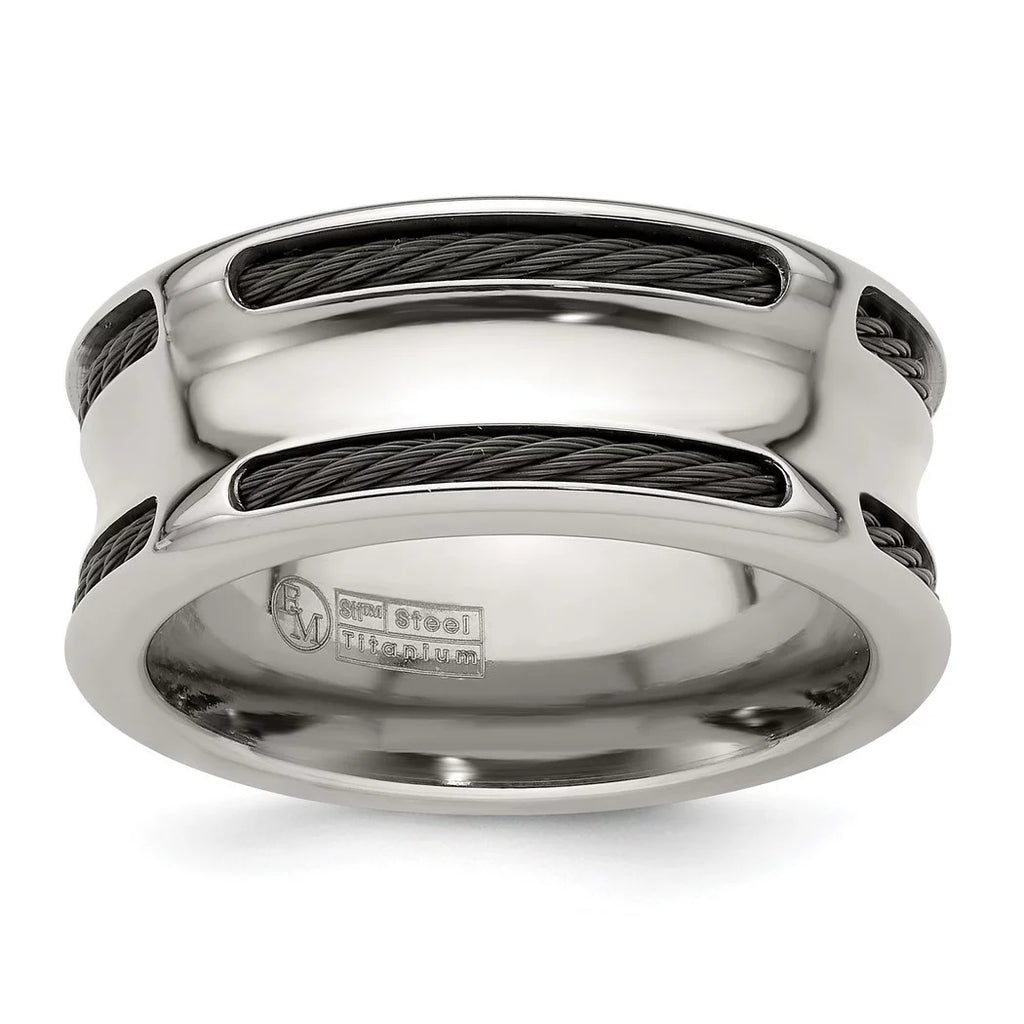 Edward Mirell Stainless Steel Engravable and Black Titanium Cable Edge Polished Concave 10mm Band Size 8 Jewelry for Wom