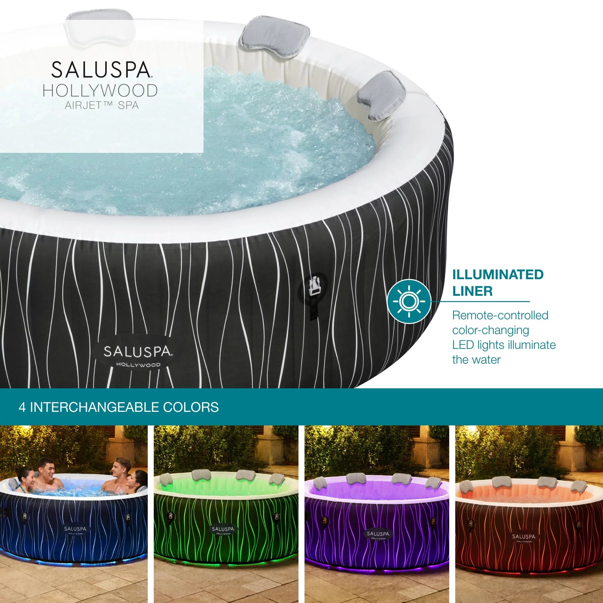 SaluSpa 77" x 26" Hollywood 240 Gal. Inflatable Hot Tub with LED Lights, 104?F Max Temperature
