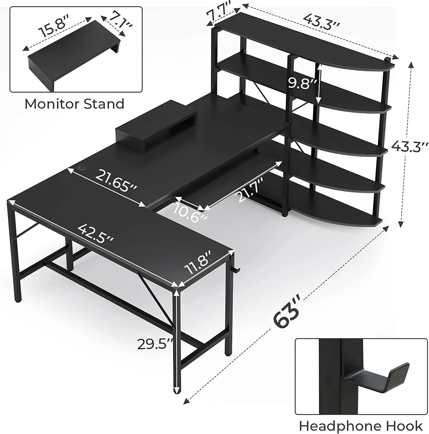 U-SHARE  L Shaped Computer Desk, 63'' Desk with Storage Shelves, Keyboard Tray, Monitor Stand and Headphone Hook, Corner Gaming Desk with LED Lights,