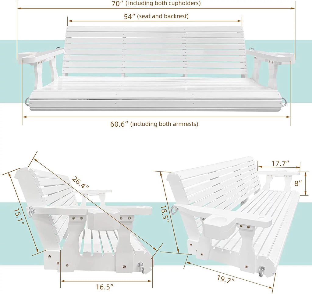 Wooden Porch Swing 3 Seater, 800 lbs Bench Swing for Outdoor Patio Garden Yard, 5 feet White